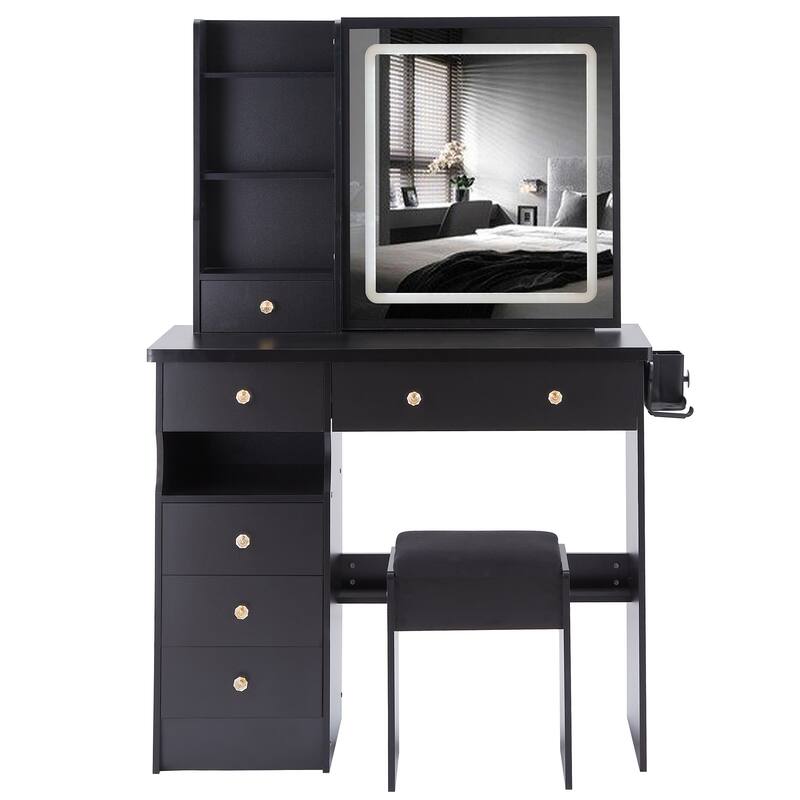 37" Middle Size Left Drawer Desktop Vanity Table + Cushioned Stool Dresser Set, Large Touch Control LED Sliding Mirror