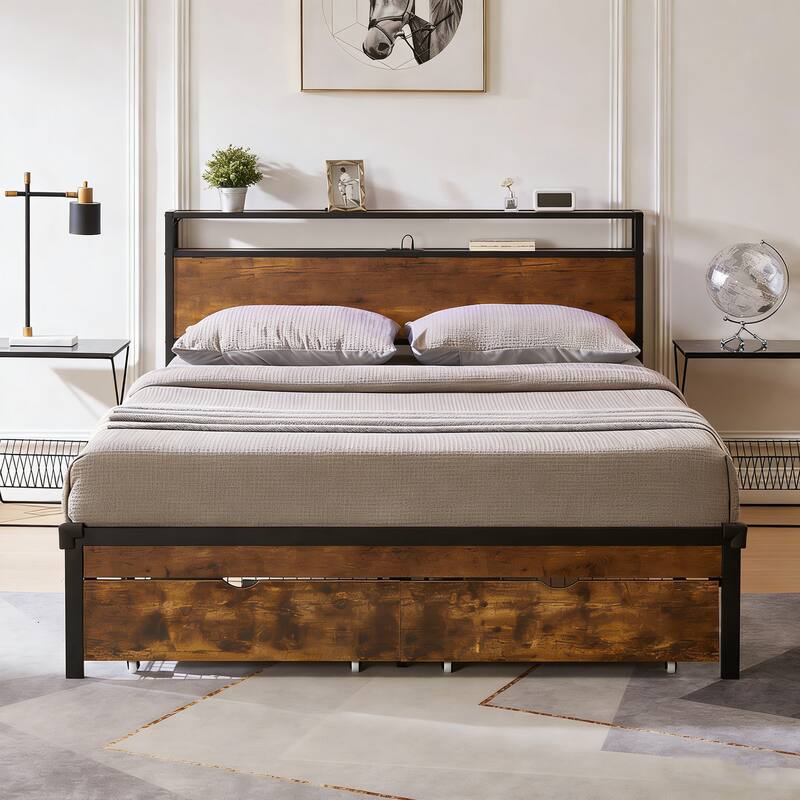 Queen Size Metal Platform Bed Frame with Footboard with USB,Charging Station,2 Drawers, No Box Spring Needed, Easy Assemble