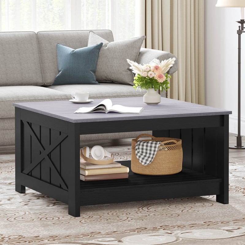 Modern Rustic Square Wood Coffee Table with Storage