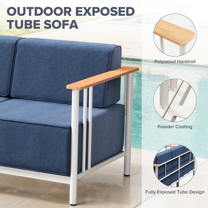 Puffin 3-Seat Outdoor Sofa with White Metal Frame and 10-Inch Thick Dark Gray Cushions