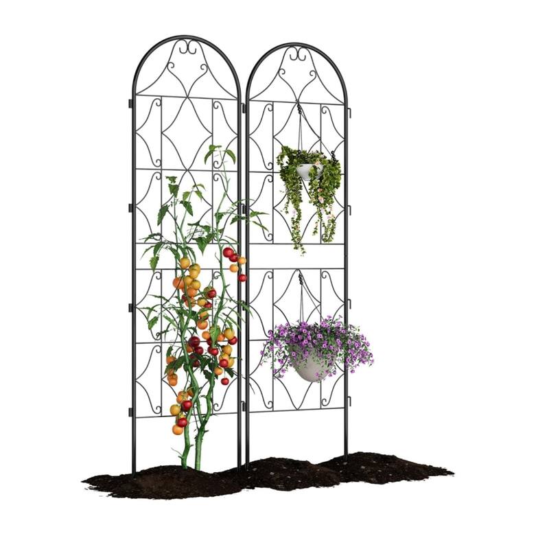 2-Pack Metal Garden Trellis for Climbing Plants Rust-Proof Panels with Scroll Design for Vines Roses and Tomatoes Black - 2PCS