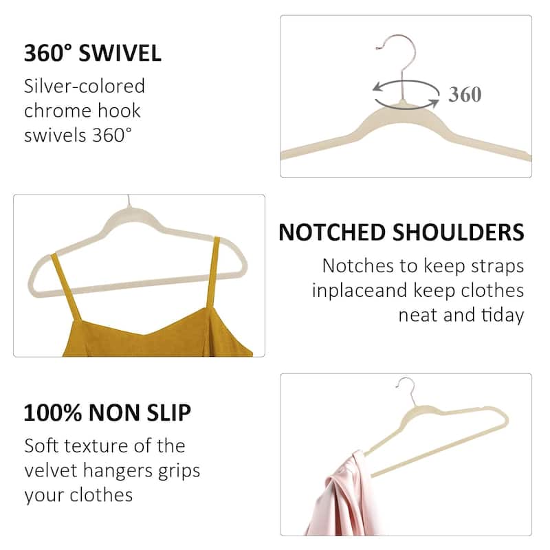 Javlergo 50/100 Pack Velvet Hangers, Heavy Duty Non Slip & Space-Saving Cloth Hangers with 6 Finger Clips & Tie Rack - 50 Packs - Beige