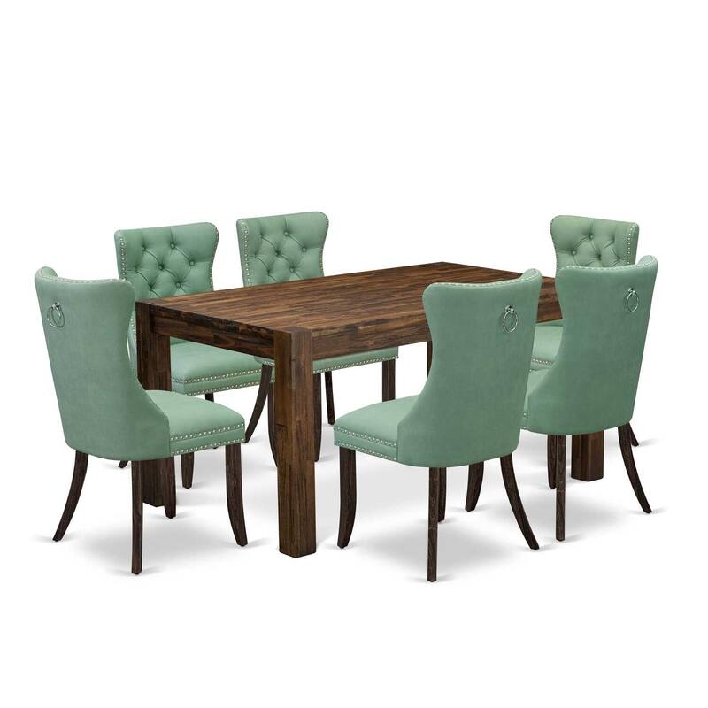 HomeStock 7-Piece Rectangle Distressed Jacobean Finish Solid Wood Top Dining Table with 6 Chairs