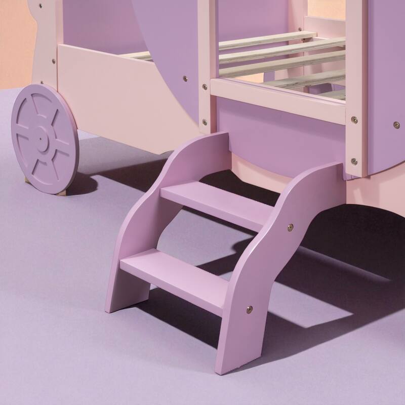 Twin Size Princess Carriage Bed with Crown and Stairs, Kids Wooden Platform Bed Frame with Slats and Fairy Tale Design