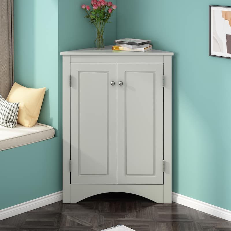 Grey Triangle Bathroom Storage Cabinet with Adjustable Shelves, Corner Cabinet Medicine Cabinet with 2 Doors
