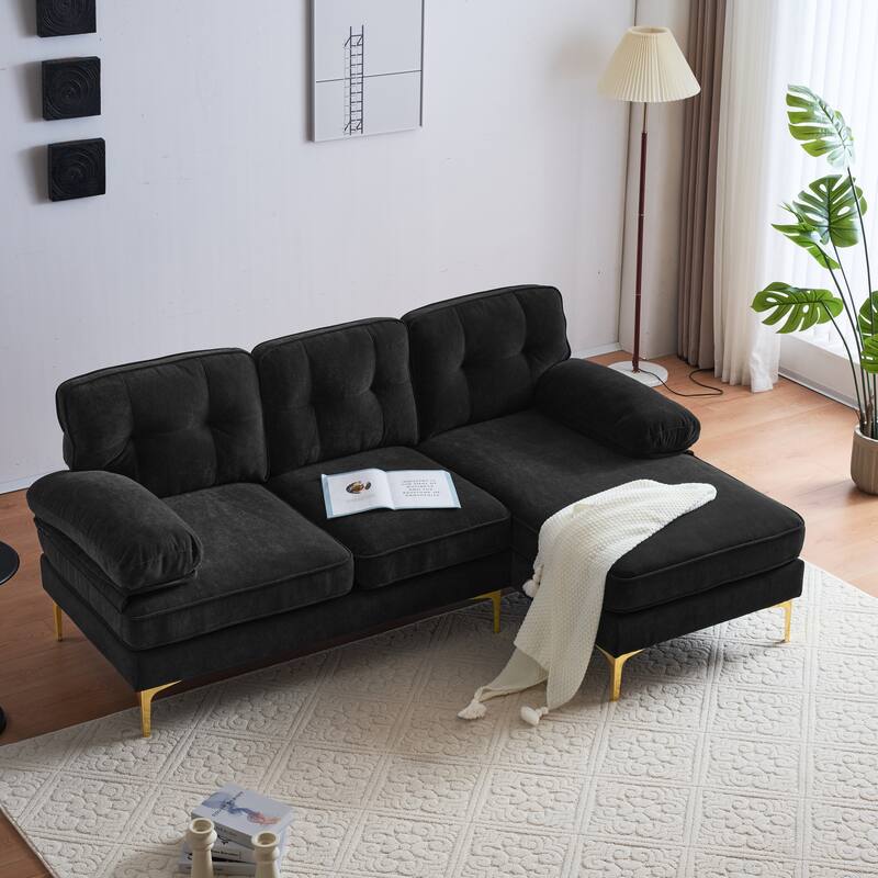 Velvet Sectional Sofas Couches with Pillow Top Arms and Upholstered Backrest, Modern L-Shaped Couches with Metal Legs