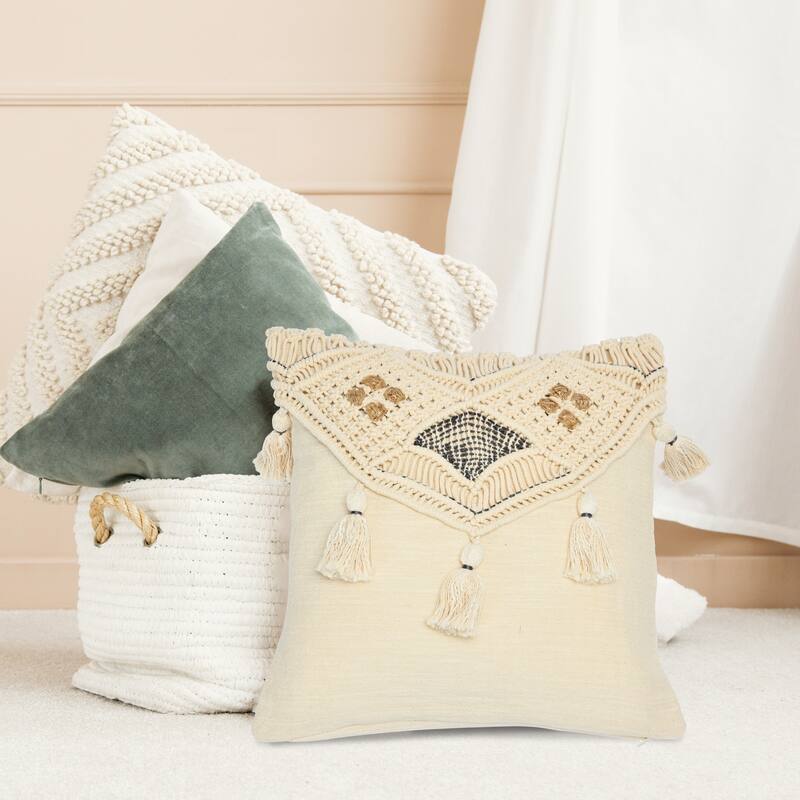 Hand-Woven Cotton and Jute Macramé Pillow with Tassels