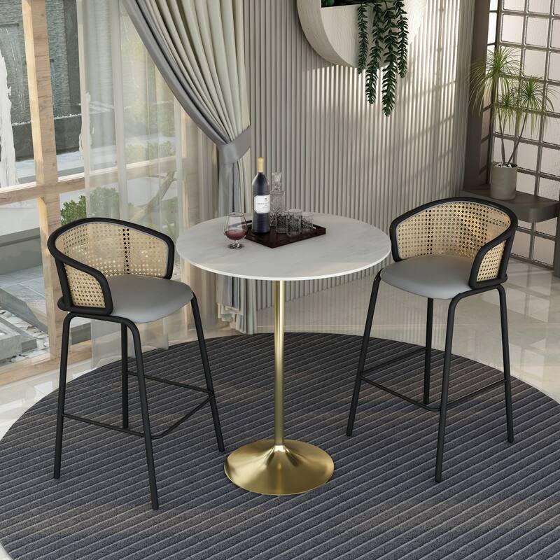 LeisureMod Verve 36" Bar Dining Table with Sintered Stone Round Top in Gold Steel, Gold Marbleized