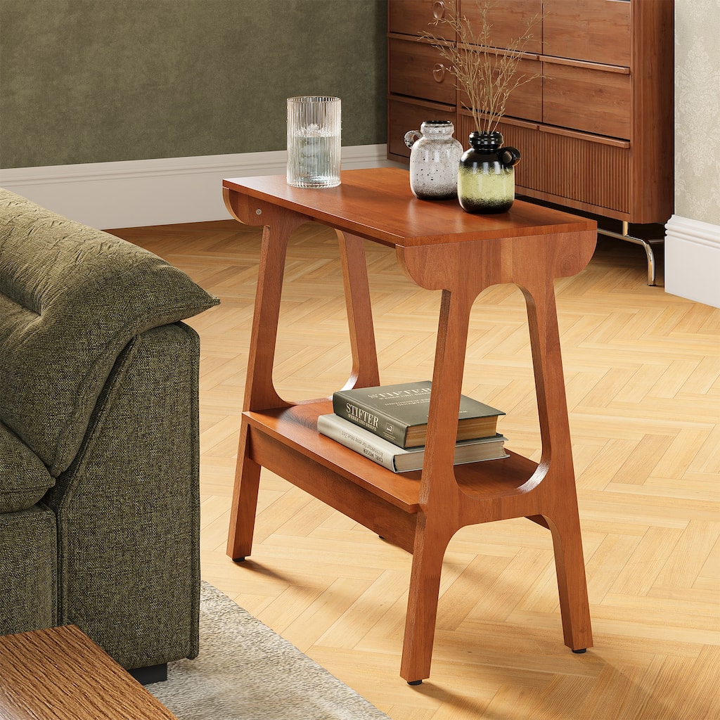 Solid Wood Narrow End Table with Storage Shelf, Sofa Couch Side Table Tall Nightstand, Living Room Bedroom Accent Snack Table