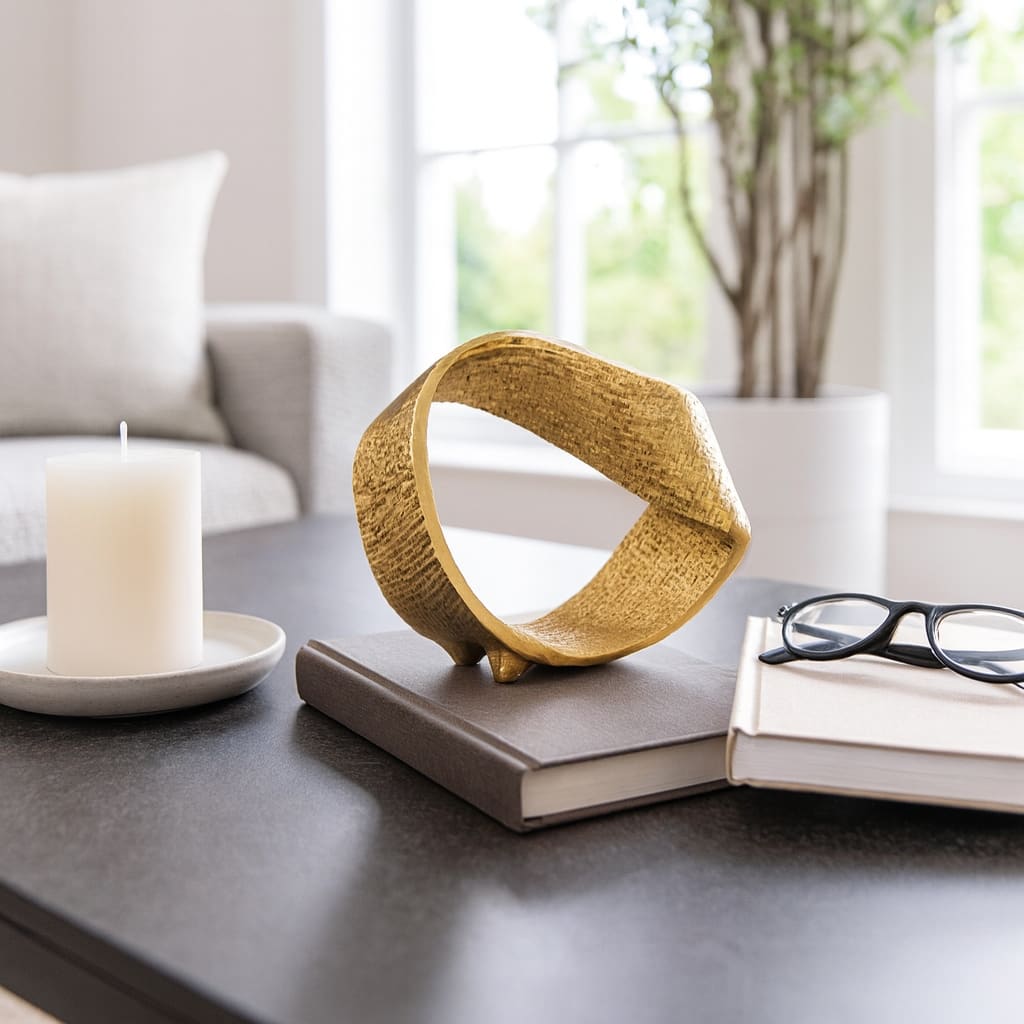 Twisted Hammered Ring Table Sculpture and Statues for Home Decor, Gold