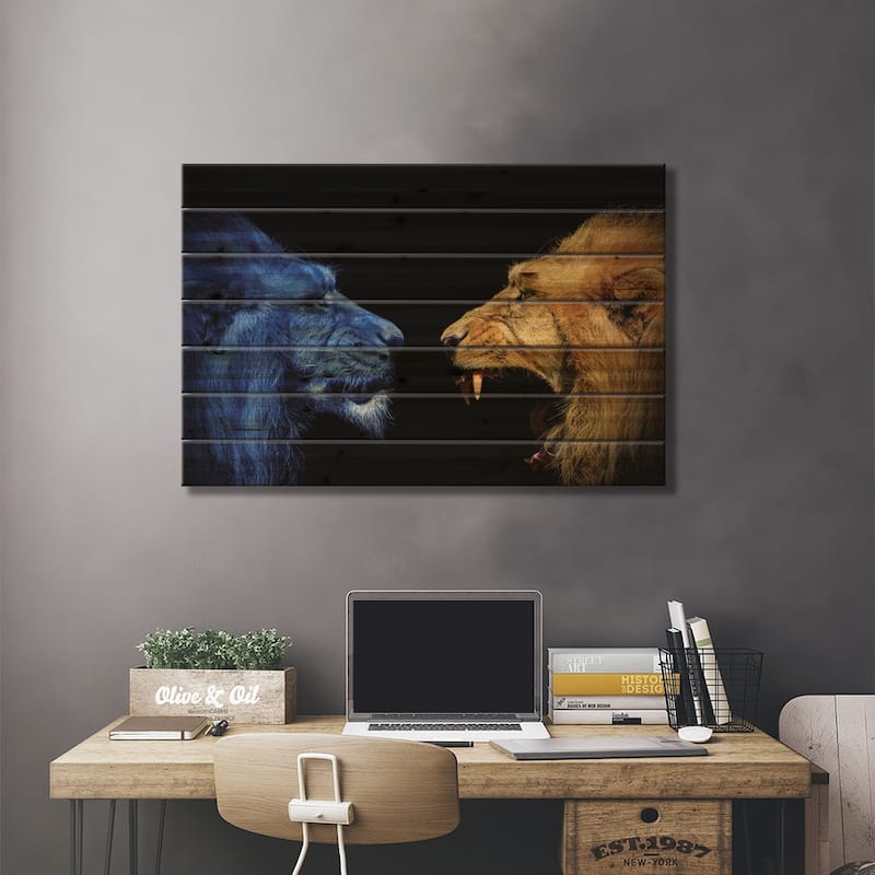 Lions In The Fight Print On Wood by Adrian Vieriu - Multi-Color