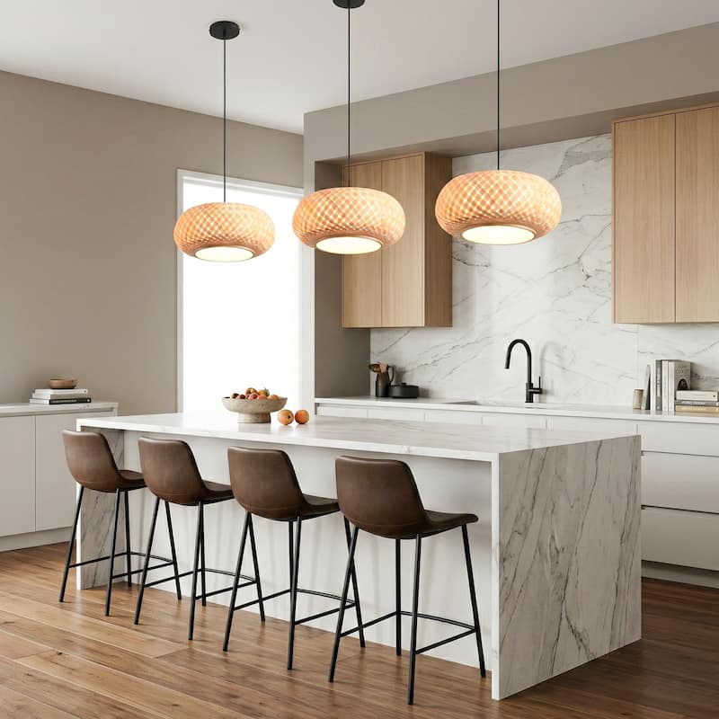 16" Natural Woven Bamboo Round Adjustable Pendant Light Chandelier