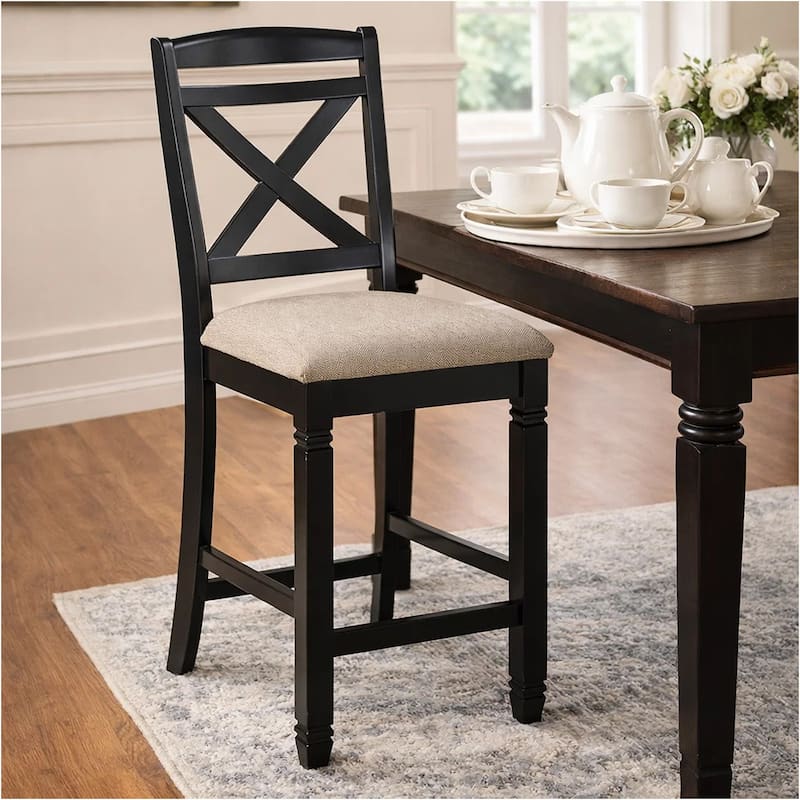 Fabric Upholstered Set of 2 Wooden Counter Height Chairs with X Design Backrest, Brown