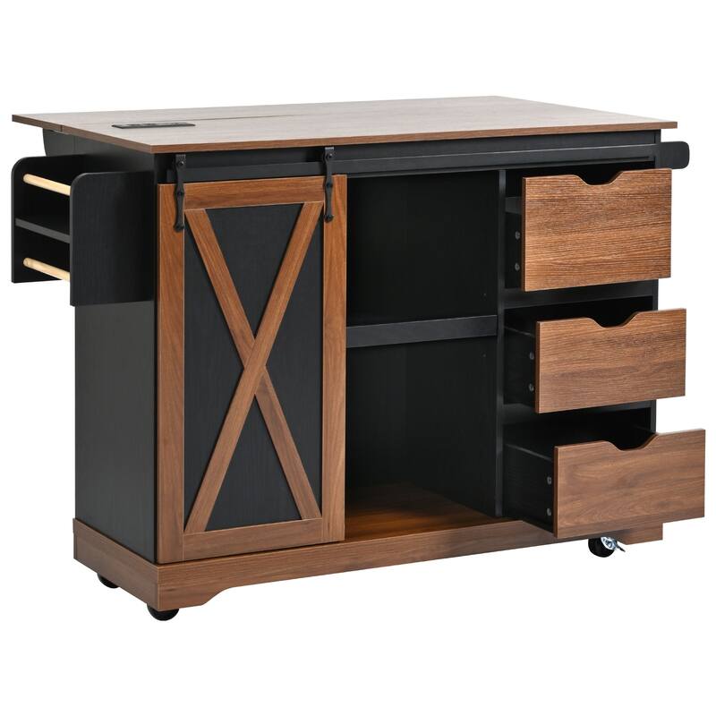 Farmhouse Kitchen Island with Drop Leaf, Sliding Barn Door, Power Outlet, Rolling Storage Cart with Spice Rack, Lockable Wheels
