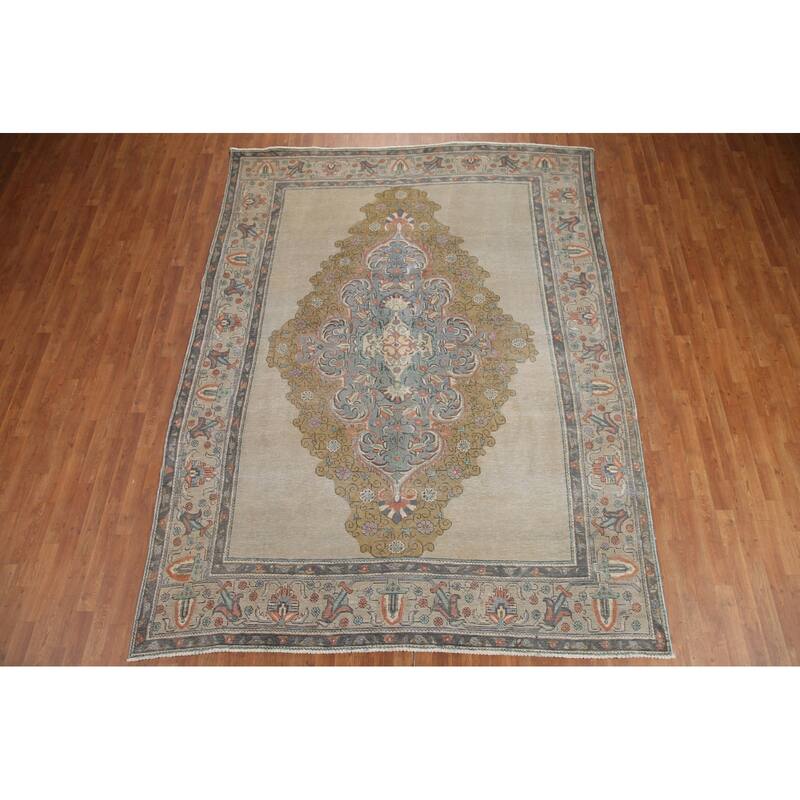 Hand Knotted Oriental 100% Wool Carpet Traditional Medallion Beige & Ivories Tabriz Area Rug - 10' 6'' X 7' 11''
