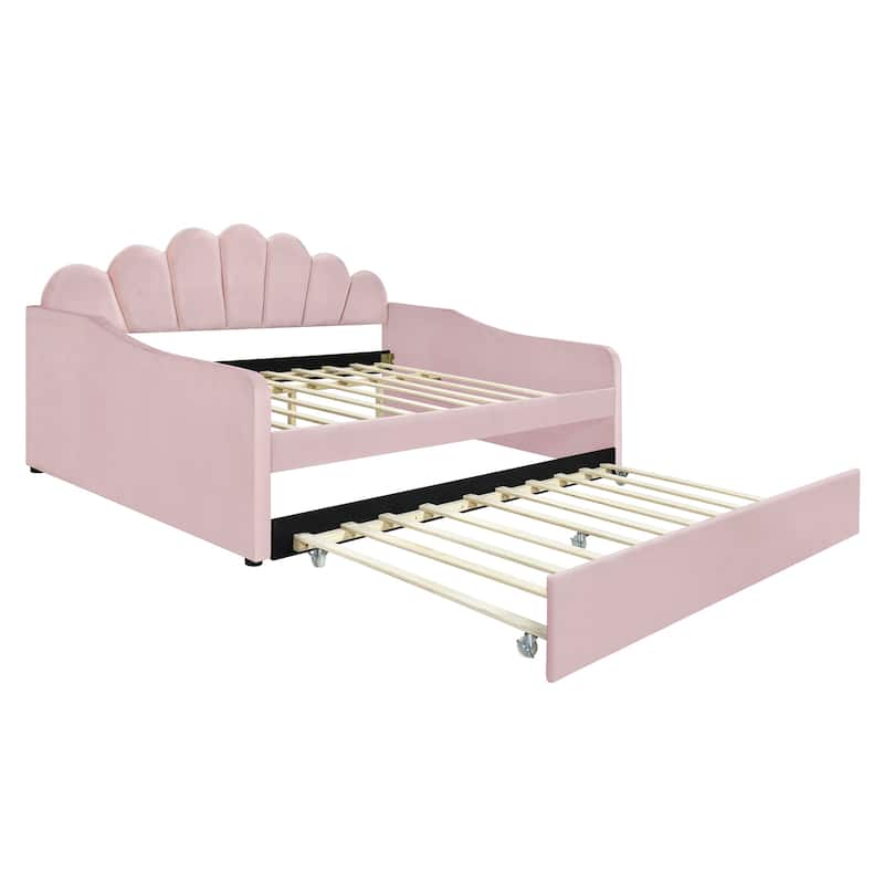 Full Size Upholstery Daybed Frame with Shall Shaped Backrest and Trundle,White
