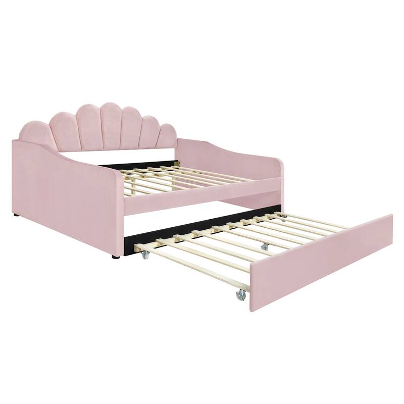 Full Size Velvet Daybed with Elegant Shell Backrest and Trundle, Sturdy Pine Wood Frame