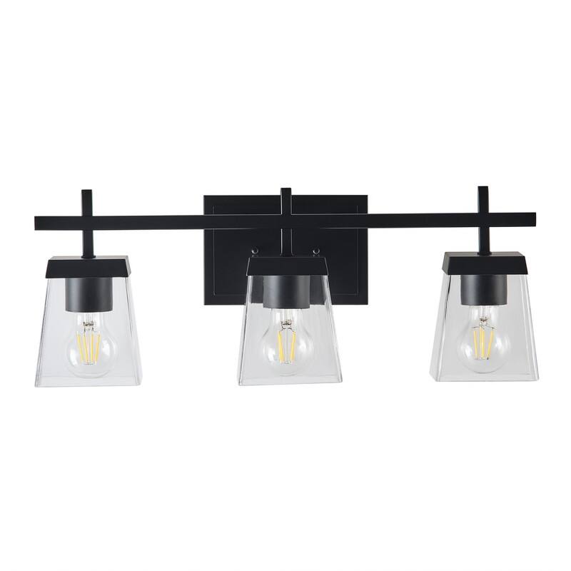 Industrial 3-Light Matte Black Vanity Light with Clear Glass Shades for Bathroom