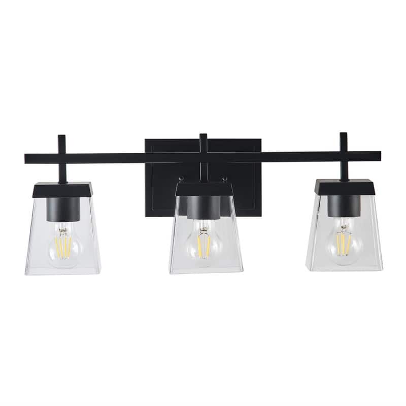 Industrial 3-Light Matte Black Vanity Light with Clear Glass Shades for Bathroom