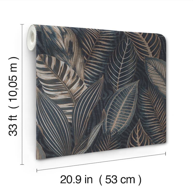 A-Street Prints Acacius Dark Blue Tropical Foliage Wallpaper