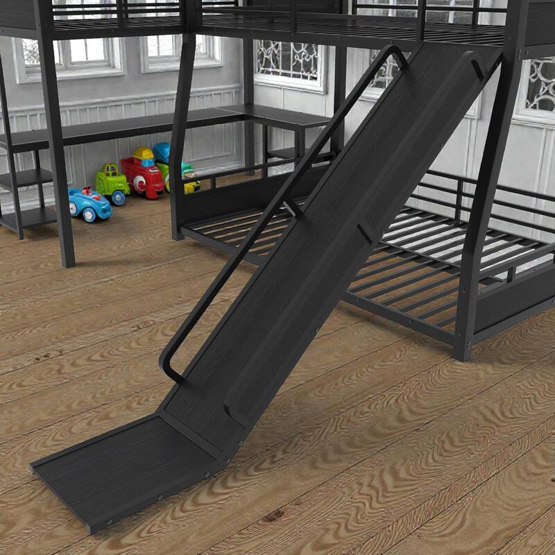 L-Shaped Metal Triple Bunk Bed with Slide, Full XL Over Queen and Twin XL Loft with Desk and Shelves