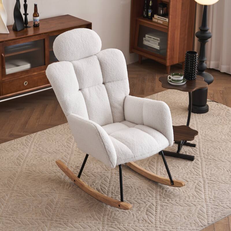 Anmytek Teddy Fabric Nursery Rocking Glider Chair Padded High Backrest with Pillow - Ivory
