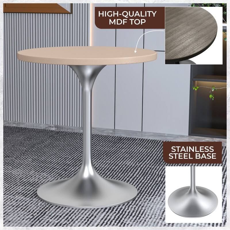 LeisureMod Verve 27" Round Dining Table with MDF Wood TableTop and Brushed Chrome Base for Kitchen & Dining Room