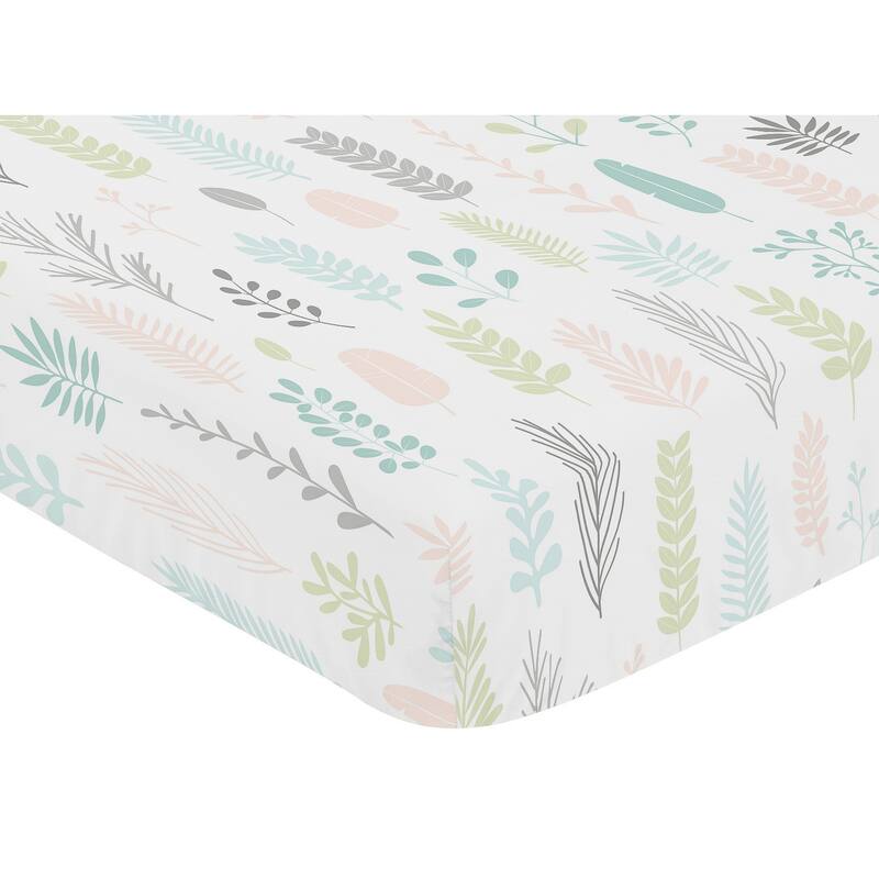Sweet Jojo Designs Pink Grey Tropical Leaf Girl Fitted Crib Sheet - Blush Turquoise Gray Green Botanical Rainforest Jungle Sloth