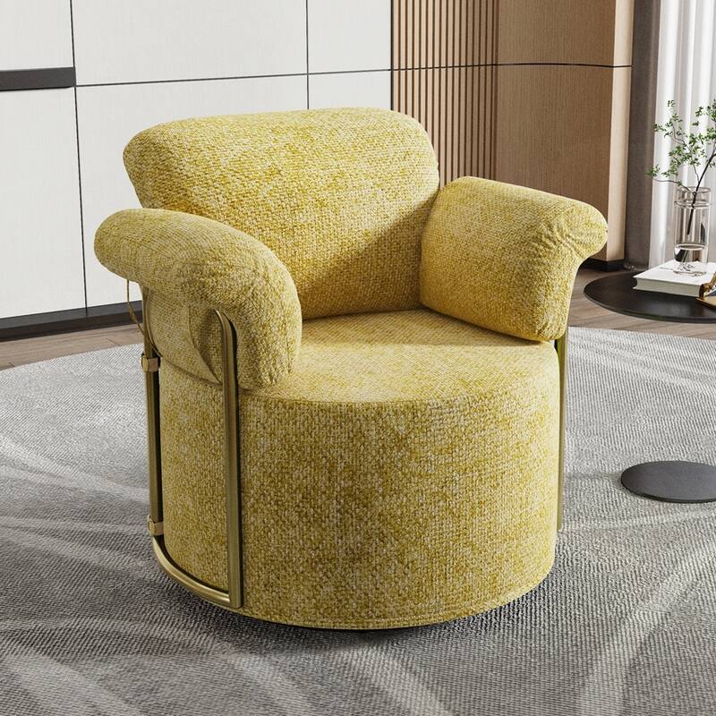 360 Degree Barrel Swivel Fluffy Fabric Lounge Wide Upholstered Reading Chair with Gold Metal Legs