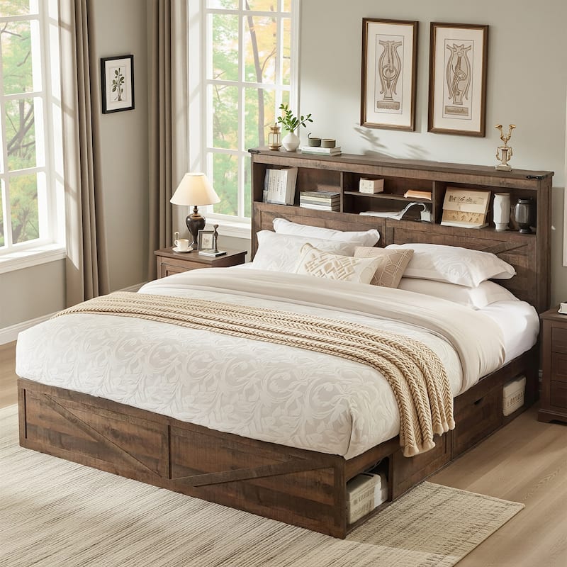 Farmhouse King Size Wood Bed Frame with Storage Headboard and Drawers - Light Brown
