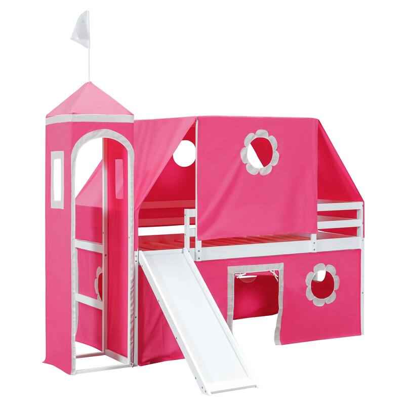 Pink Twin Loft Bed with Slide, Tent, and Tower for Kids