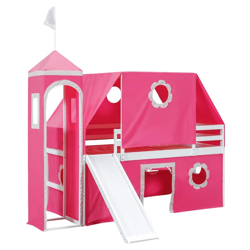 Roomfitters Twin Size Loft Bed with Slide, Tent and Tower, Pink