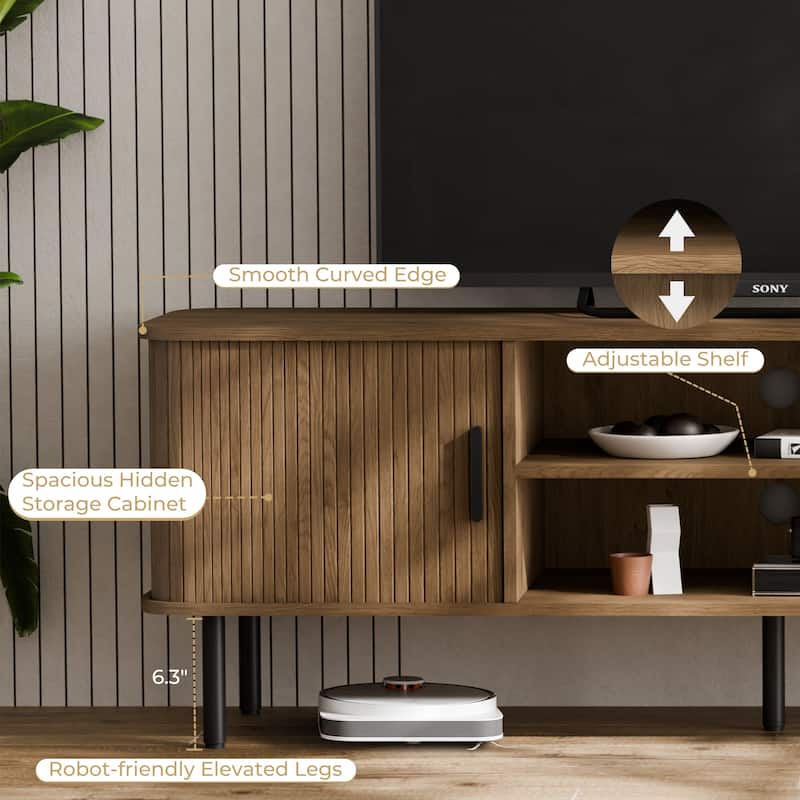 Mid-Century Modern Media Console, Tambour TV Stand with Storage Cabinet and Shelf