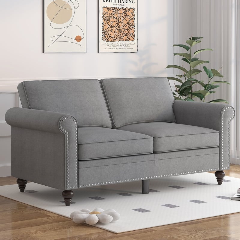 Mixoy 2 Piece Living Room Sofa Set with Rivet Design,Linen 3-Seater Sofa Couch,Loveseat Sofa/Single Sofa Chair