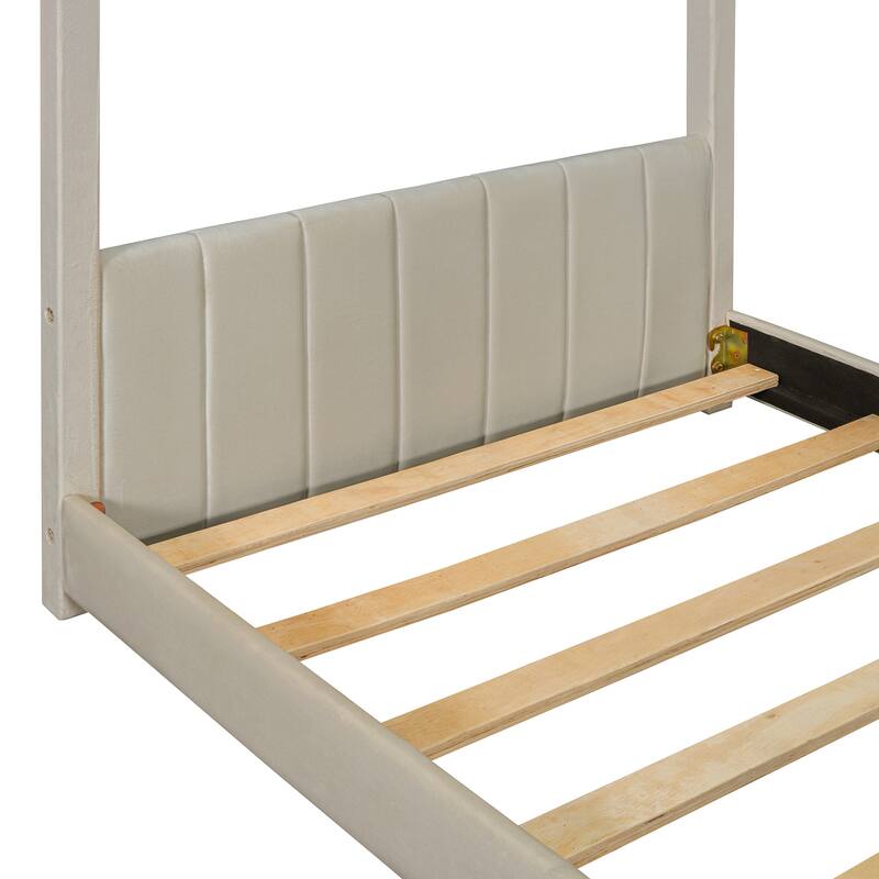 Modern Velvet Upholstered Playhouse Bed Frame with Wooden Slat Support