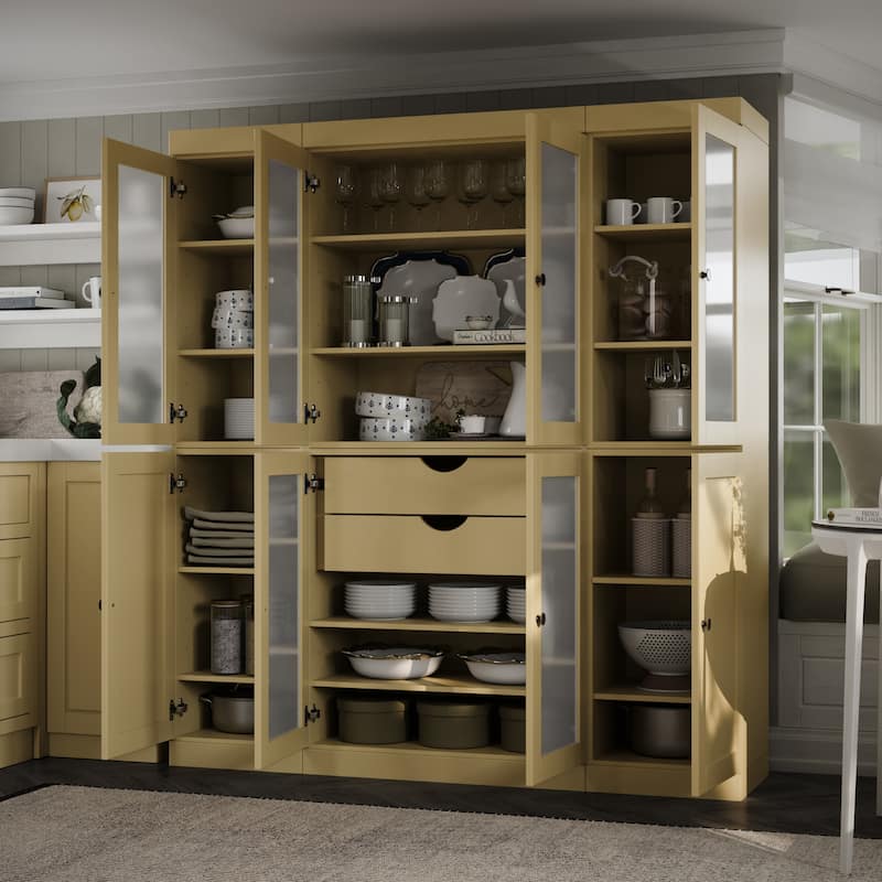 Palace Imports 100% Solid Wood 65" Pantry Cabinet with Frosted Glass, Shaker Doors, 2-Drawers and Adjustable Shelves