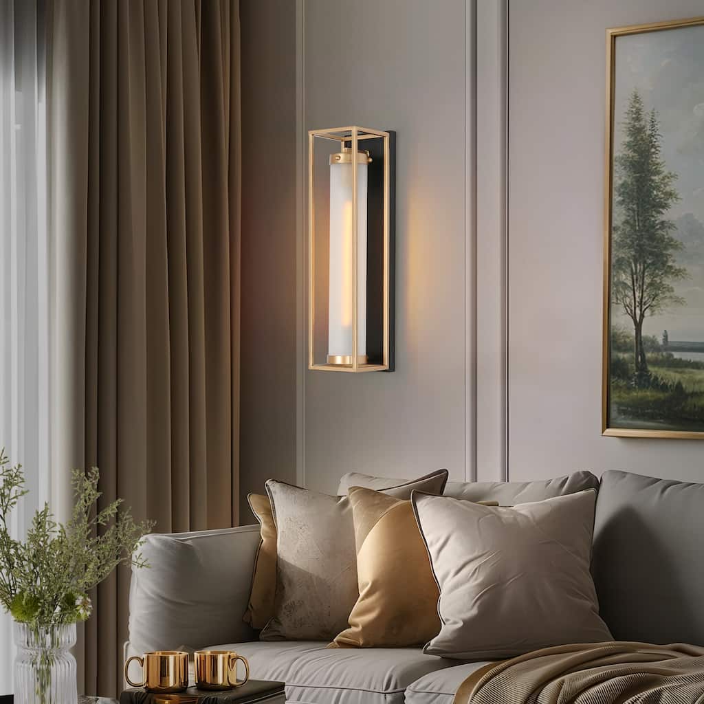 Modern Black Gold Frosted Glass Dimmable 1-Light Fretwork Wall Sconces Vanity Lights for Bathroom
