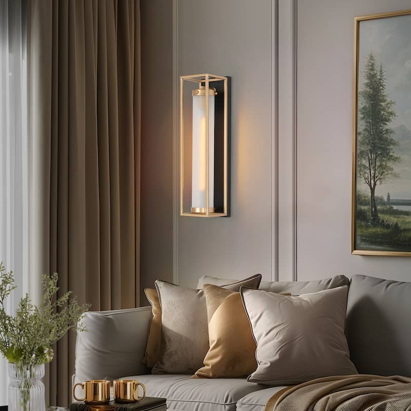 Modern Black Gold Frosted Glass Dimmable 1-Light Fretwork Wall Sconces Vanity Lights for Bathroom