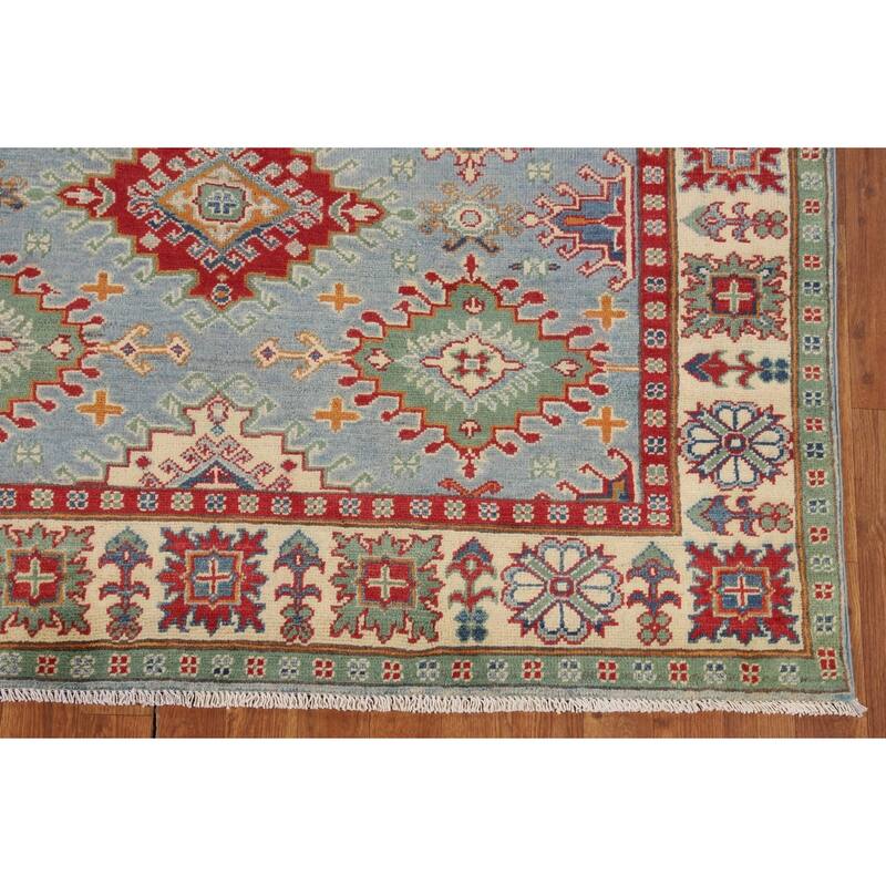 Light Blue Geometric Kazak Rug Living Room Hand-Knotted Wool Carpet - 5'0" x 6'7"