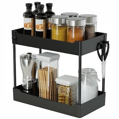 2-Tier Bathroom Sink Storage Rack, Kitchen Spice Shelf W/ 4 Hooks