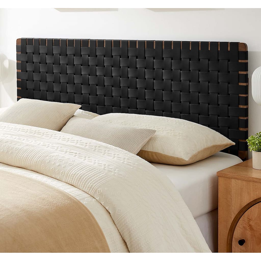 Ditmas Solid Wooden Black Leather Basket Weaved Queen Size Headboard