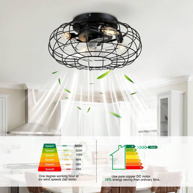 Cusp Barn 20'' Black Low Profile Bladeless Caged Ceiling Fan with Lights and Remote, 6 Speeds Reversible Ceiling Fan for Bedroom