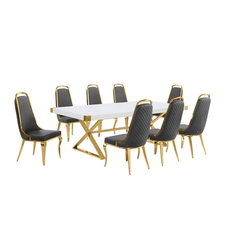 Best Quality Furniture D442/3-SC310-7 Dining Set with 94" White Lacquer Wood Top