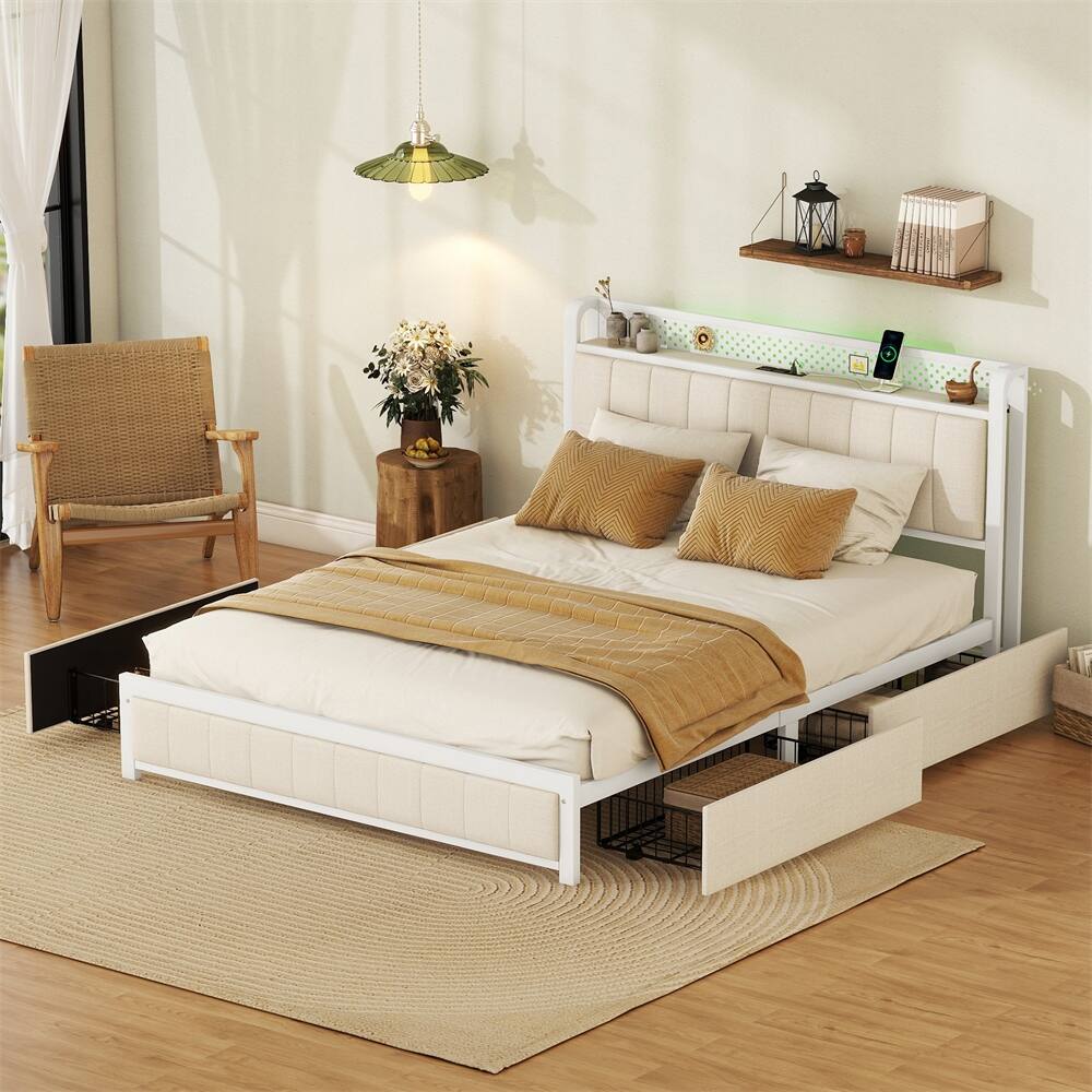 Queen Size Upholstered Bed Frame with LED Headboard and USB Ports