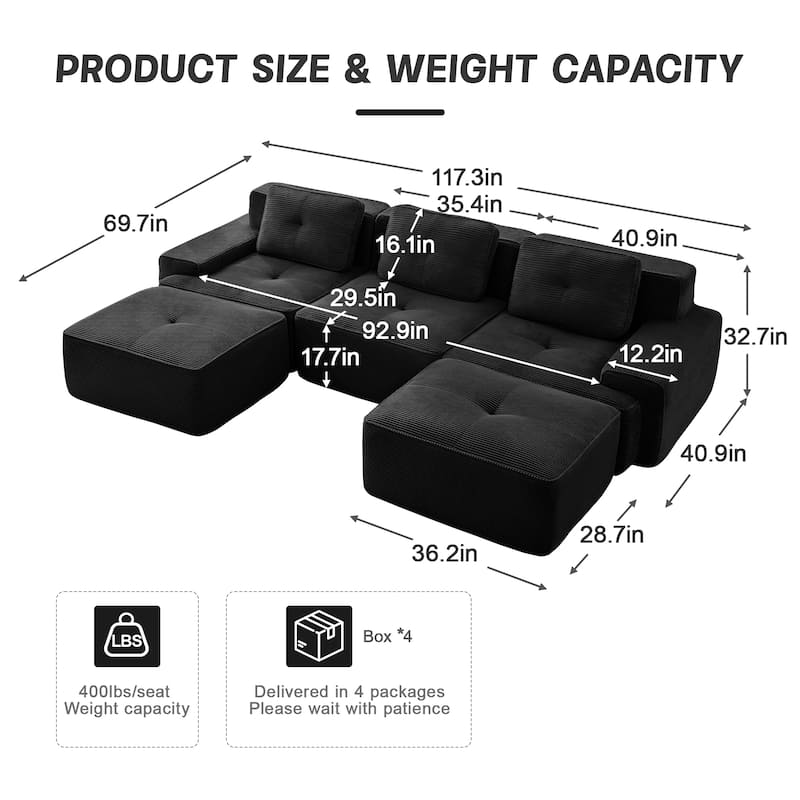 Modern U-Shaped Corduroy Sectional Sofa Couch with Removable Ottoman