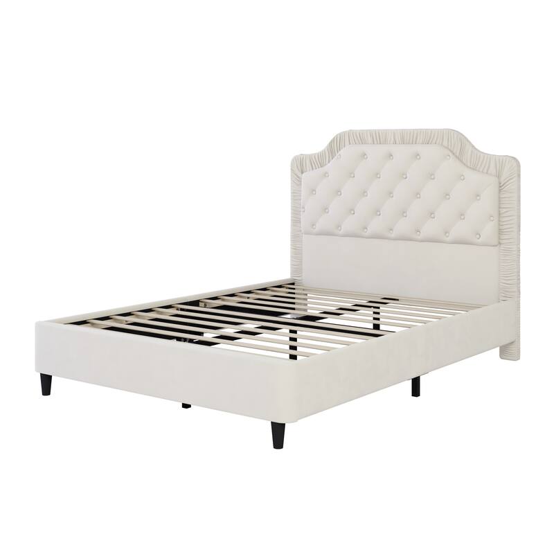 Full/Queen/King Size Upholstered Platform Bed Velvet Fabric Bed with Ruched and Button Tufted Headboard, Solid Wood Bedframe