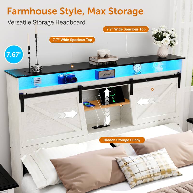 Farmhouse Full/Queen Bed Frame with Storage Headboard, Drawers, Charging Station and RGB LED Lights, MDF and Steel Platform Bed