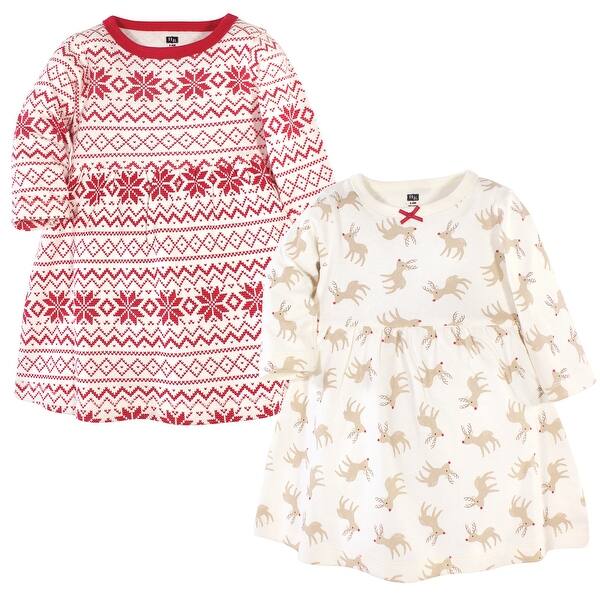 slide 1 of 1, Hudson Baby Infant and Baby Girl Long-Sleeve Cotton Dresses 2pk, Reindeer 0-3 Months - Reindeer