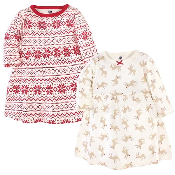 slide 1 of 1, Hudson Baby Toddler Girl Long-Sleeve Cotton Dresses 2pk, Reindeer 2T - Reindeer
