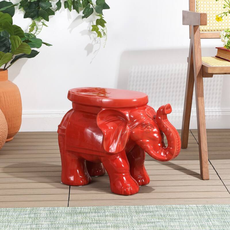 White Elephant 14.2" Ceramic Garden Stool, White by JONATHAN Y